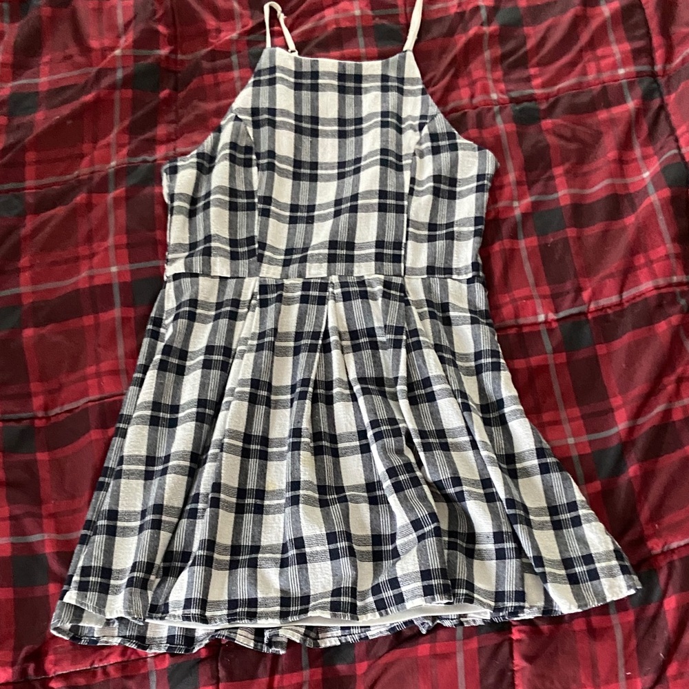 Plaid Spaghetti-Strap Mini Dress in Black and White pre owned